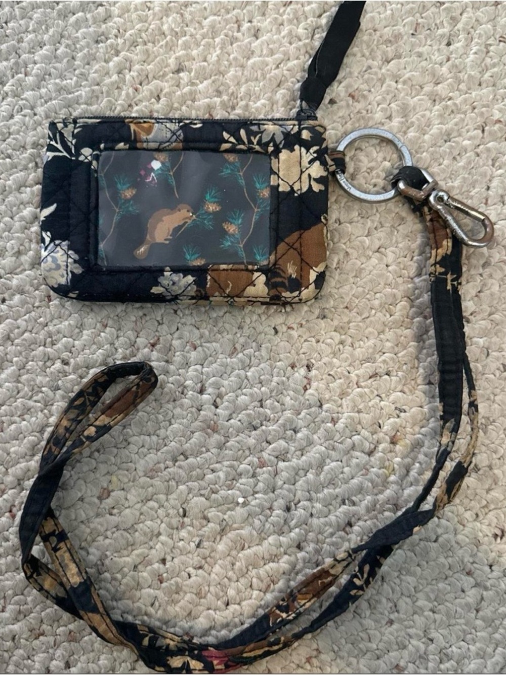 Vera Bradley Black Floral Quilted Lanyard ID Holder with Brown and Cream Accents